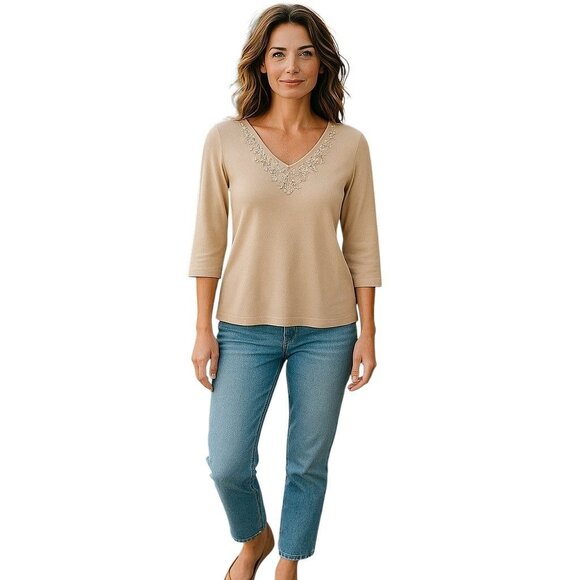 Ruby Rd Beige Relaxed Quarter Sleeve V-Neck Top Crystal Embellishments Medium - Picture 1 of 7